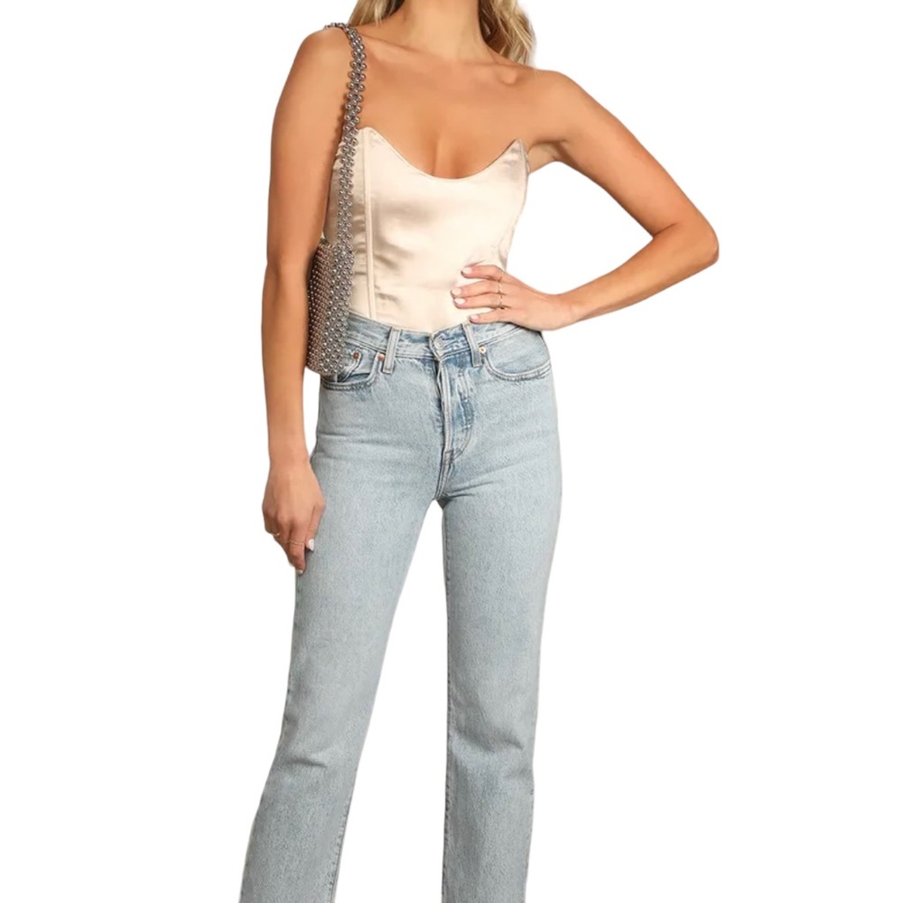 Lulu’s Splendidly Sultry Champagne Satin Strapless Bustier Bodysuit Size Medium